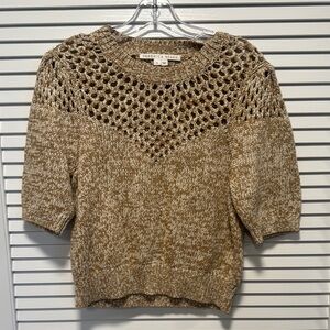 Veronica Beard Marled Tan Crochet Yoke Short-Sleeve Sweater